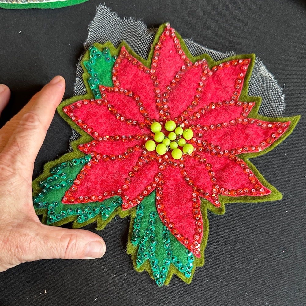Handmade Holiday Bell and Poinsettia Embroidered Patches Holiday Table Decor - Picture 2 of 10